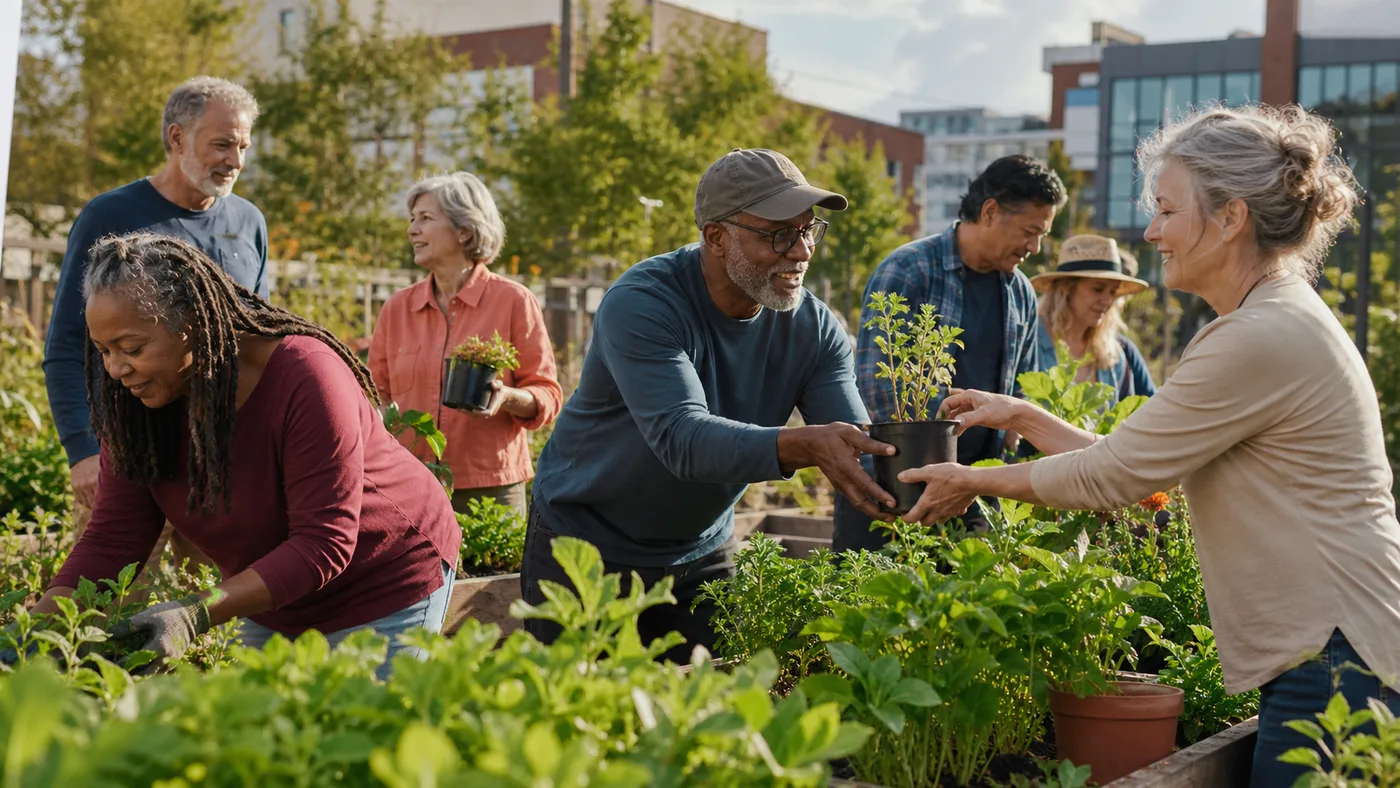 Adults over 50 volunteering together in a community garden