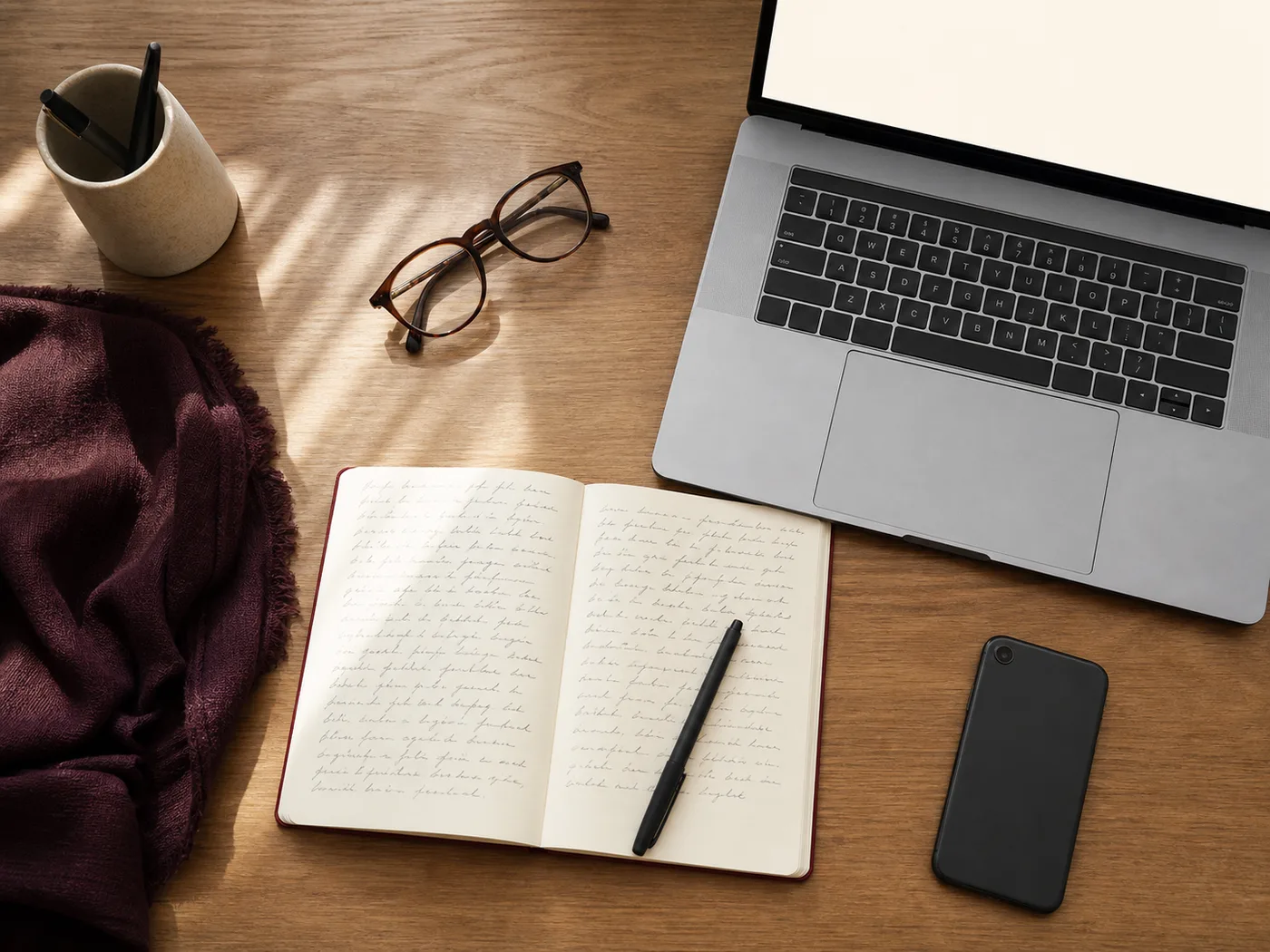 A planning desk with a laptop, notebook, glasses, and phone for online dating