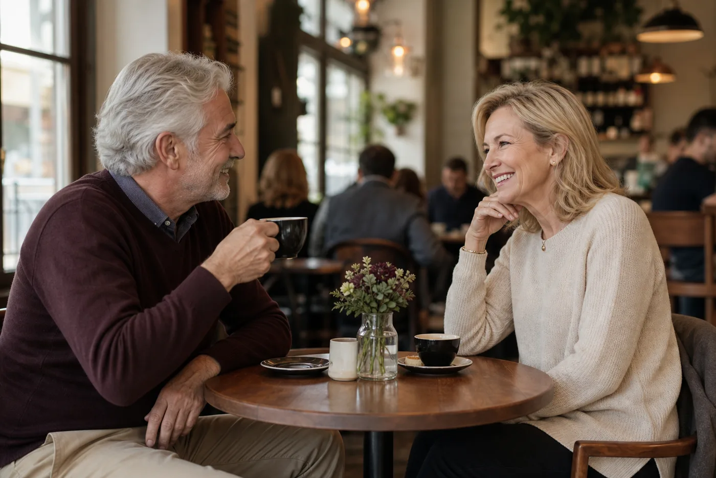 A couple over 50 meeting at a public cafe during the day
