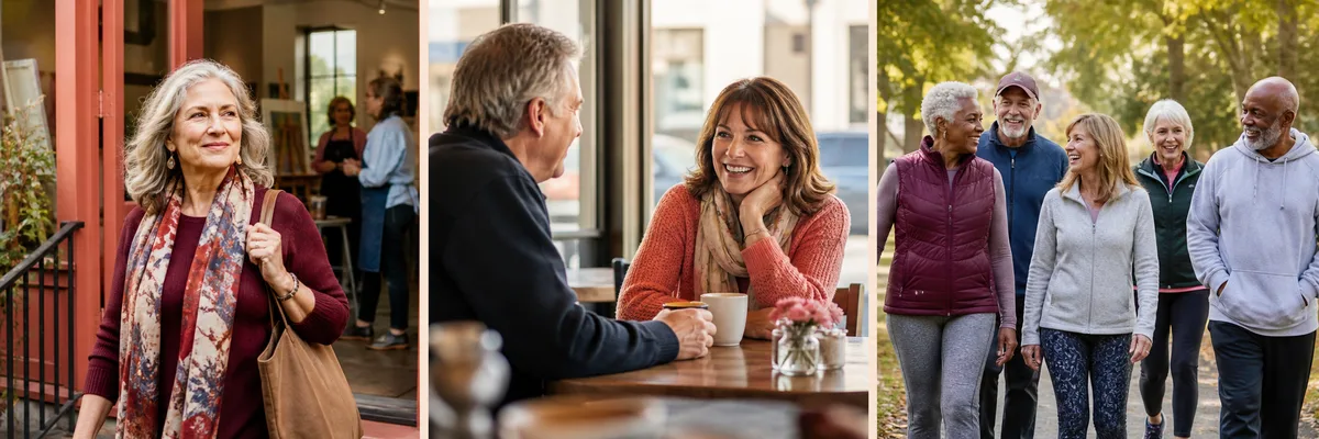 A woman arriving at an art class, a couple talking over coffee, and a walking group of adults over 50