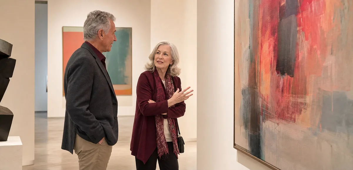 A couple over 50 talking during a first date at an art gallery
