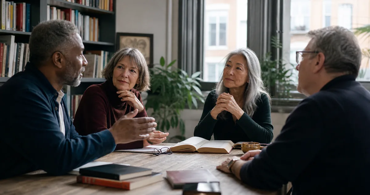 Adults over 50 talking together at a neighborhood book club